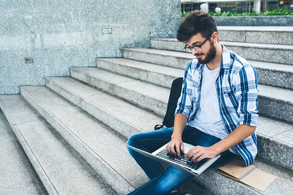College Student Sitting Stairs Working Laptop — Stock Photo, Image