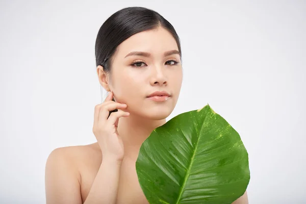 Woman Clear Skin Touching Face Standing Big Green Leaf White — Stock Photo, Image