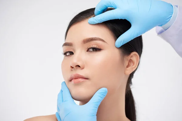 Crop Hand Blue Rubber Gloves Touching Face Beautiful Asian Woman — Stock Photo, Image