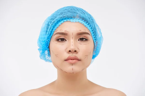 Young Asian Woman Prepared Decorative Surgery Arrows Face White Background — Stock Photo, Image
