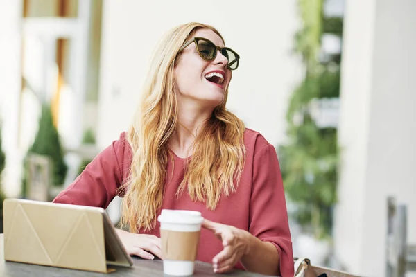 Happy Laughing Young Woman Spending Time Outdoor Cafe — Stock Photo, Image