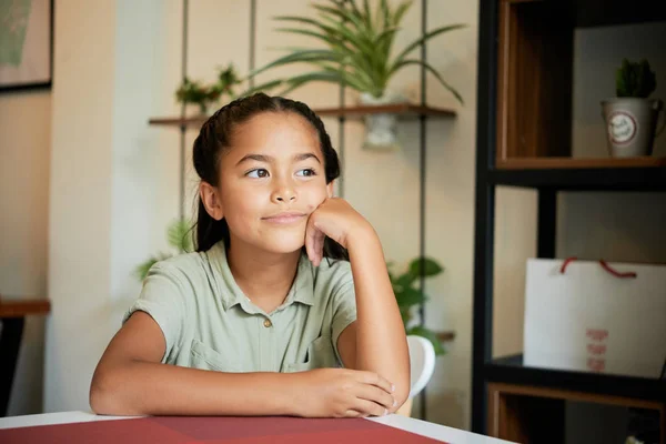 Sweet Asian Girl Thinking Looking Away While Sitting Table Cozy — Stock Photo, Image