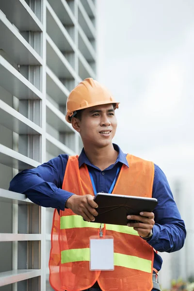Handsome Young Vietnamese Engineer Holding Digital Tablet — Stock Photo, Image