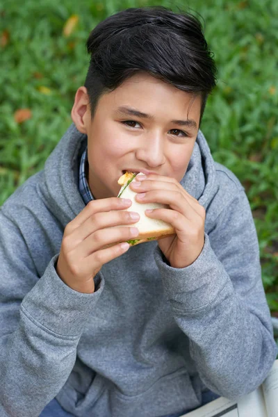 Retrato Feliz Adolescente Mestiço Comendo Delicioso Sanduíche Para Almoço — Fotografia de Stock