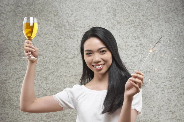 Portrait Joyful Vietnamese Woman Sparkler Glass Wine — Stock Photo, Image