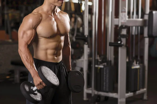 Muscular Fisiculturista Fazendo Exercícios Com Halteres Com Ginásio — Fotografia de Stock