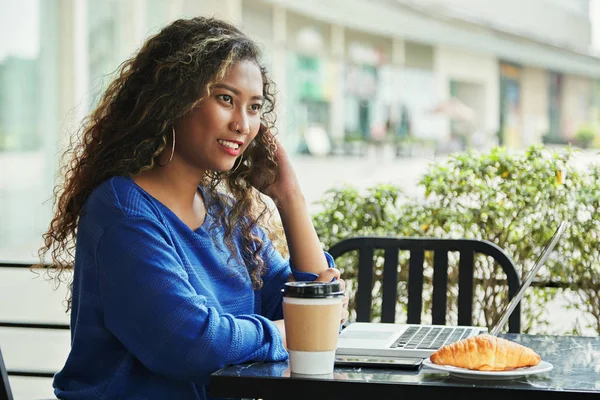 Pensive Young Businesswoman Eating Working Cafe — Stock Photo, Image