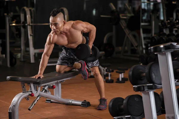 Hombre Guapo Sin Camisa Forma Apoyado Banco Haciendo Ejercicio Con —  Fotos de Stock