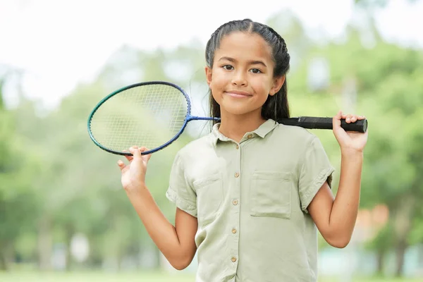 Portrait Pretty Little Vietnamese Girl Badminton Racket Smiling Camera — Stock Photo, Image