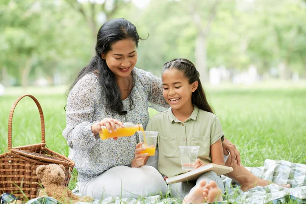 Woman Pouring Juice Glass Her Daughter Picnic — Stock Photo, Image