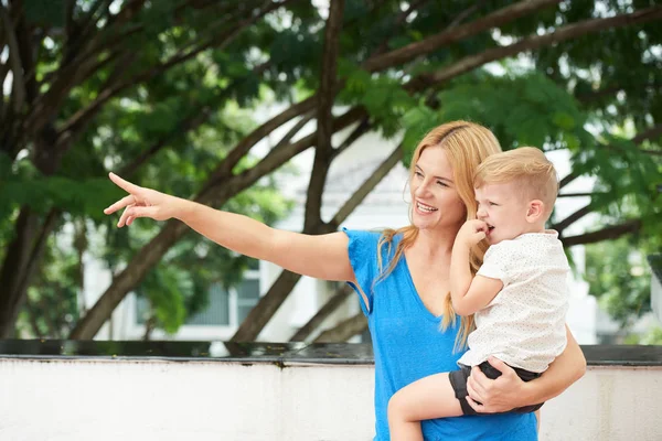 Mother Showing Something Interesting Park Her Little Son — Stock Photo, Image