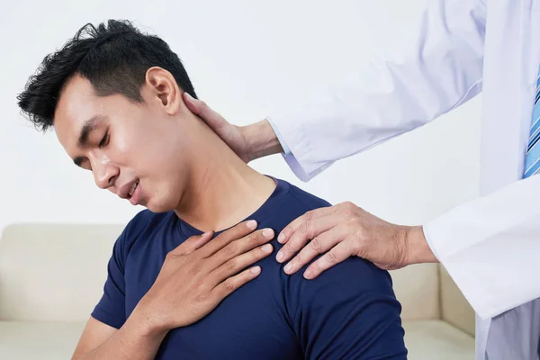 Young Vietnamese Man Complaining Pain His Neck — Stock Photo, Image