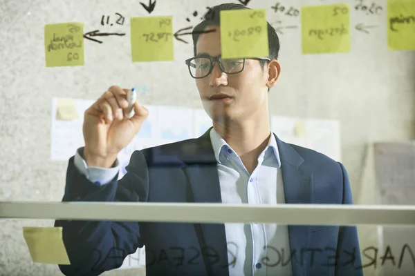 Jonge Vietnamese Zakenman Tekening Plan Van Bedrijfsontwikkeling Voor Presentatie Glazen — Stockfoto