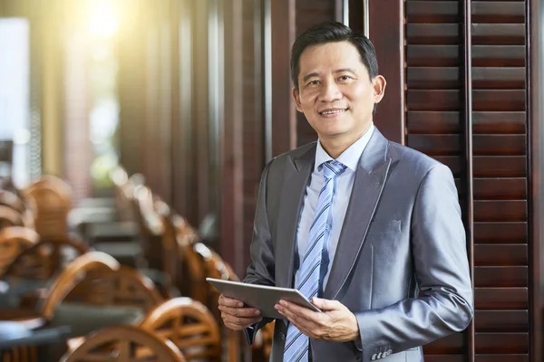 Portrait Asian Mature Businessman Holding Digital Tablet Smiling Camera While — Stock Photo, Image