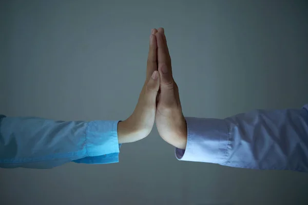 Crop Hands Unrecognizable Coworkers Giving High Five Each Other While — Stock Photo, Image