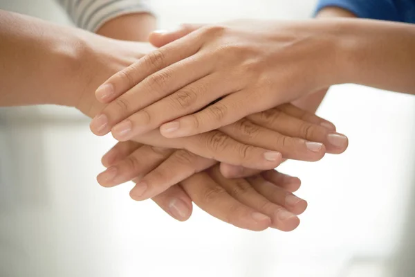 Close Shot Hands Unrecognizable People Joined Together Team Gesture White — Stock Photo, Image