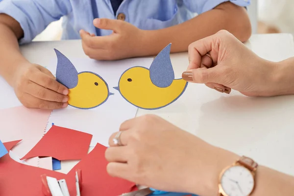 Crop Hands Teacher Boy Playing Little Birds Cut Out Paper — Stock Photo, Image