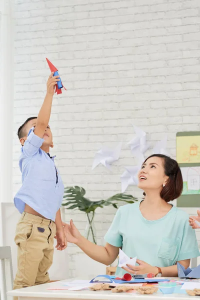 Asian Teacher Woman Looking Boy Standing Rocket Raised Hand Art — Stock Photo, Image