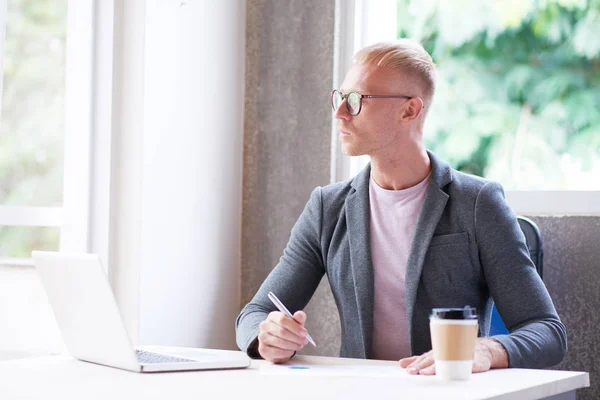 Pensive Financial Analyst Looking Window Office Give Some Rest His — Stock Photo, Image