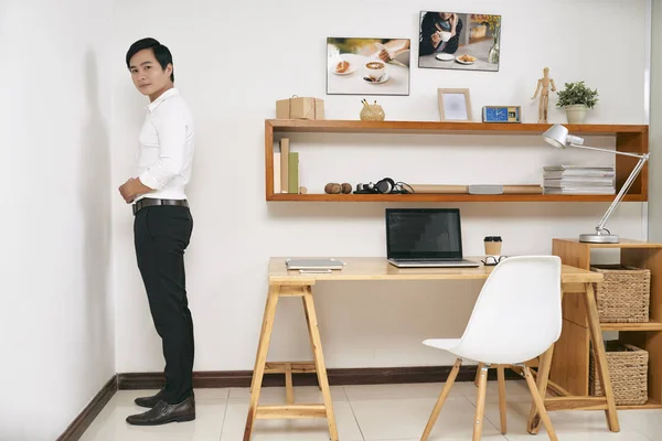 Young Asian Businessman Guilty Project Failure Standing Office Corner Looking — ストック写真