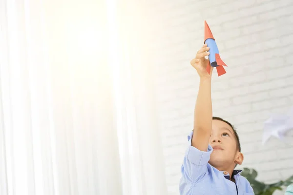 Young Asian Boy Holding Rocket Raised Hand Standing Art Class — Stock Photo, Image