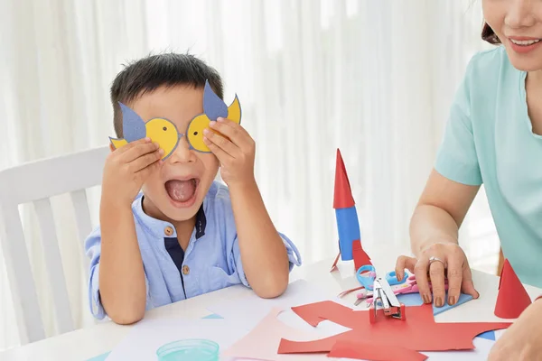 Adorable Asian Boy Having Fun Closing Eyes Paper Birds Art — Stock Photo, Image