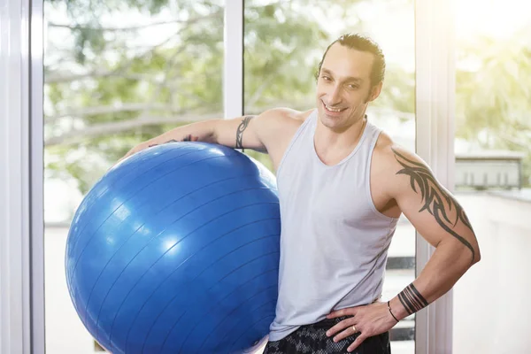 Portrait Handsome Smiling Gym Trainer Holding Big Fitness Ball — Stock Photo, Image