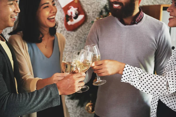 Group Joyful Young People Laughing Toasting Champagne Glasses Christmas Party — Stock Photo, Image