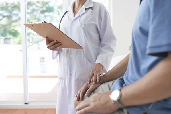 Doctor Touching Hand Patient Reassure Him Telling Diagnosis — Stock Photo, Image