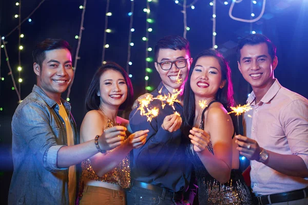 Cheerful Vietnamese Young People Burning Sparklers Hands — Stock Photo, Image