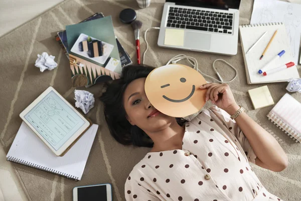 Portrait Asian Young Woman Resting Study Yellow Smiley Face Her — Stock Photo, Image