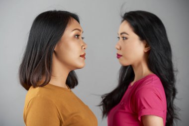 Gri arka plan üzerinde yüz yüze duran iki ciddi Asyalı kadının yan görünümü