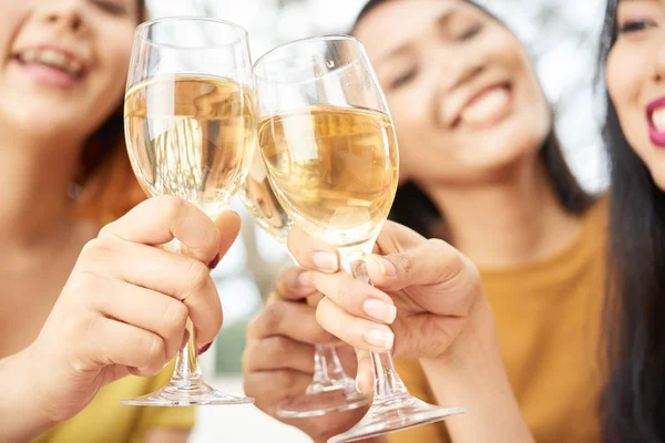 Close Glasses Champagne Holding Happy Young Women Toasting Celebrating Holiday — Stock Photo, Image