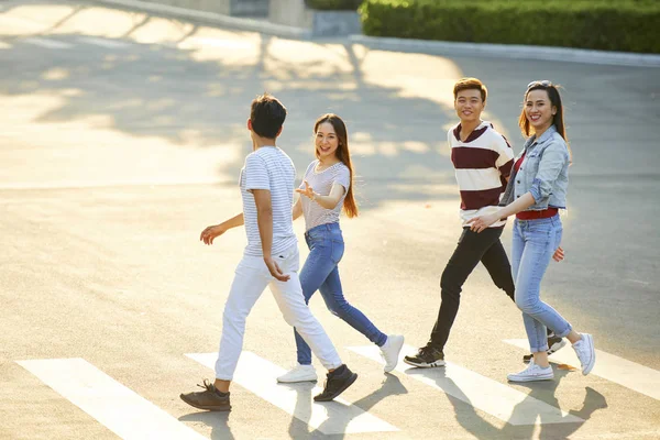 Twee Vrolijke Jonge Aziatische Koppels Kruising Weg Zonnige Dag — Stockfoto