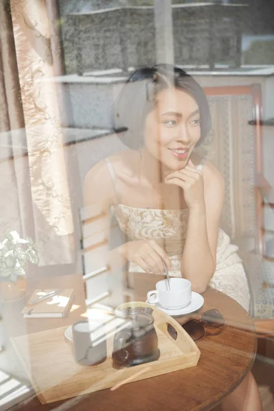 Gorgeous Smiling Young Woman Drinking Cup Tea Home View Window — Stock Photo, Image