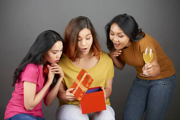 Young Amazed Woman Opening Gift Box While Celebrating Holiday Her — 스톡 사진