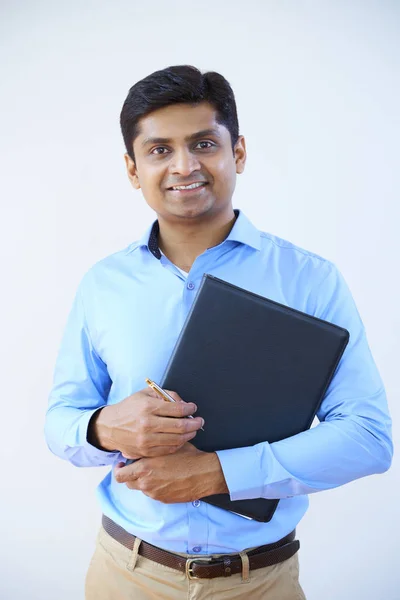 Portrait Young Office Worker Holding Big Blue Folder Smiling Camera — Stock Photo, Image