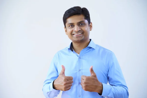 Portrait Happy Young Businessman Standing Showing Thumbs Isolated White Background — Stock Photo, Image