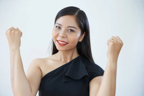 Portrait Succès Asiatique Jeune Femme Geste Sourire Caméra Sur Fond — Photo