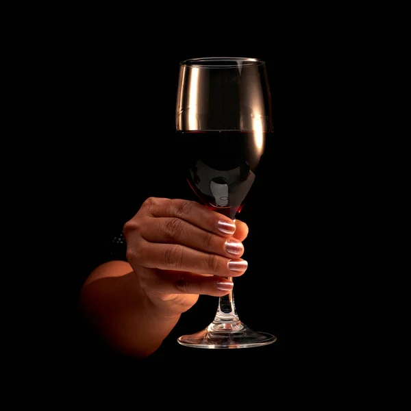 Close Shot Hand Unrecognizable Female Holding Glass Red Wine Black — Stock Photo, Image