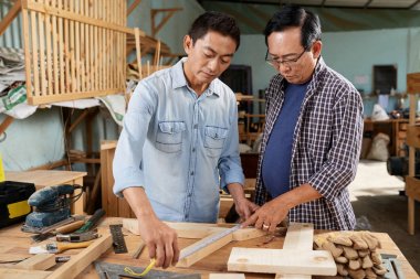 Proje için ahşap plakaları ölçen profesyonel marangozlar