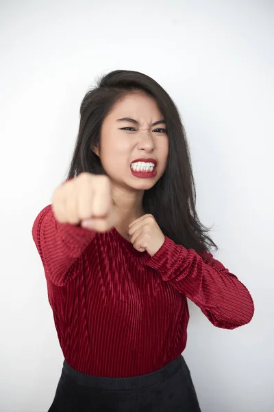 Portrait Furious Asian Woman Standing Clenched Fists Ready Fight White — Stock Photo, Image