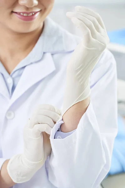 Close Young Female Doctor White Coat Wearing Protective Gloves Ready — Stock Photo, Image