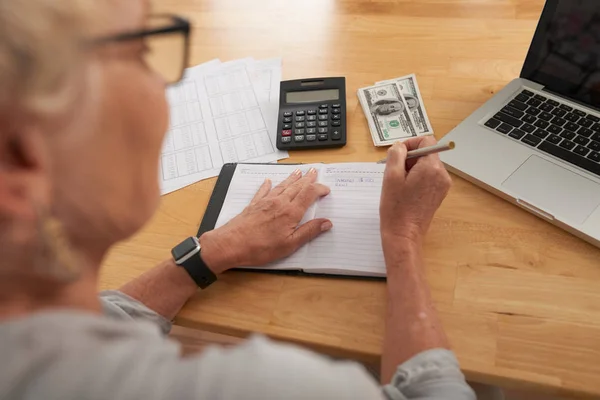 Senior Woman Sitting Table Money Calculator Planning Her Budget Writing — Stock Photo, Image