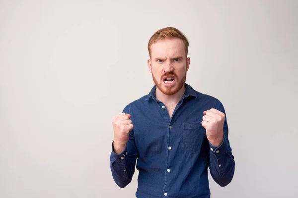 Portrait Red Haired Man Jeans Jacket Expressing His Anger While — Stock Photo, Image