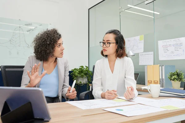 Empresaria Discutiendo Nueva Estrategia Con Colega Reunión —  Fotos de Stock