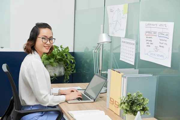 Sorridente Donna Affari Vietnamita Che Lavora Sul Computer Portatile Ufficio — Foto Stock