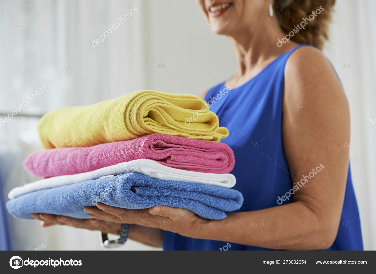 Woman Clean Towels Home Stock Photo 1193182489