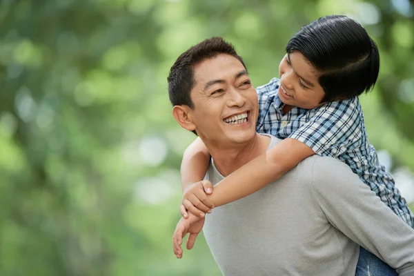 Joyful Mature Asian Man Spending Time His Son Weekend — Stock Photo, Image
