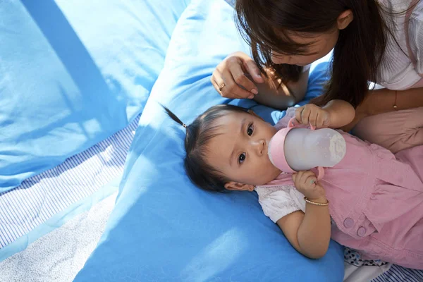 Toddler Girl Lying Bed Bottle Drinking Baby Formula View — Stock Photo, Image